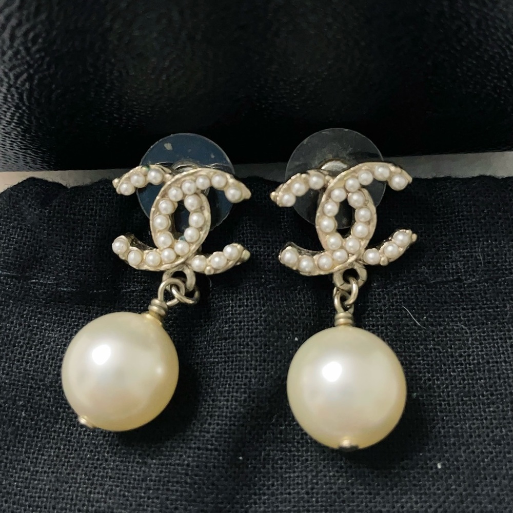 Chanel Double C Pearl Pendant Earrings